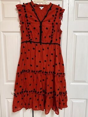 crown & ivy Red Polka Dot Ruffle Midi Dress with Black Dots